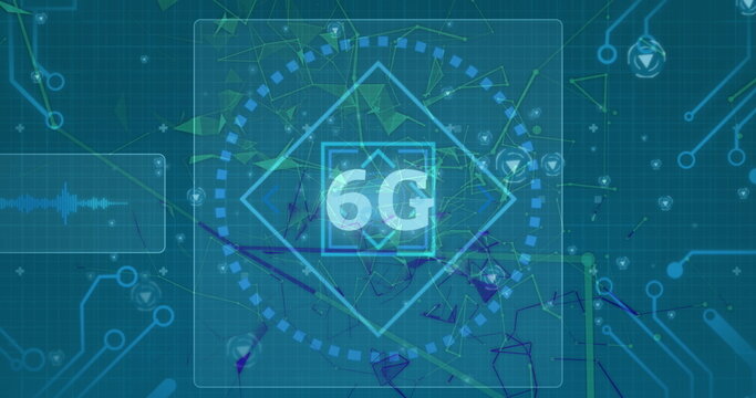 Image of 6g text and interface with scope and shapes moving on dark green background