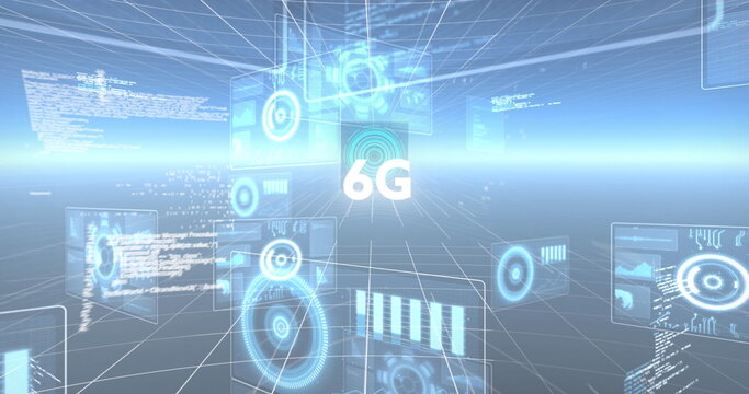 Image of glowing interface screens with information and 6g text moving over dark background - Powered by Adobe