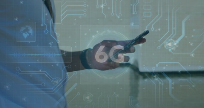 Image of 6g text and glowing computer motherboard over man walking using smartphone