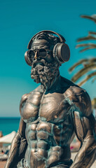 A sculpture of a philosopher in musical headphones rests on the sea beach of a European resort.