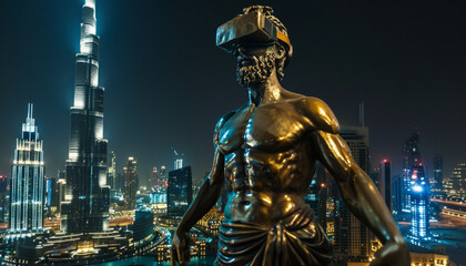 Fototapeta na wymiar Technology of the future, Majestic Bronze sculpture of an athlete in a virtual reality helmet in the center of a metropolis, modern art.