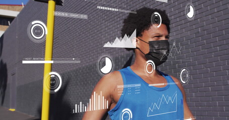 Image of data processing over african american man with face mask