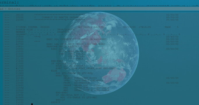 Image of digital interface with globe and fast scrolling text information on blue background