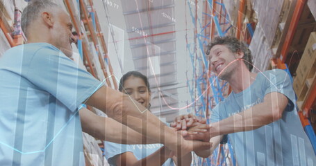 Image of data processing over people working in warehouse