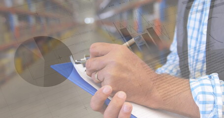 Image of data processing over man working in warehouse