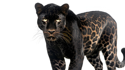 Naklejka na ściany i meble Black Leopard, Majestic Feline Beauty - 6-Year-Old Panther Posing Against White Background, Power and Elegance Captured in Nature, Generative AI
