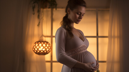 Beautiful young pregnant woman in comfort home-wear touch big belly in late pregnancy sit on bed in light bedroom at home. Happy expectant mother portrait, maternity concept
