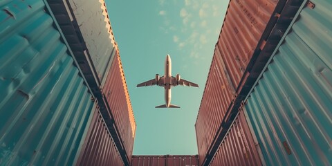 An airplane flies over a logistics container.