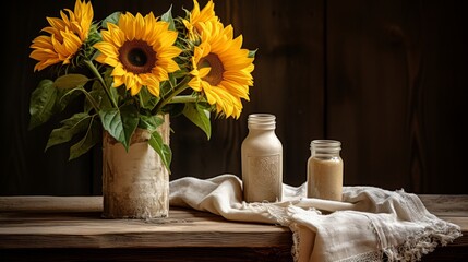 Rustic sunflower still life with sunflower oil, seeds, and burlap napkins for sale - obrazy, fototapety, plakaty