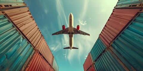An airplane flies over a logistics container.