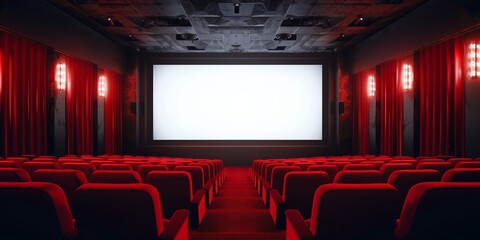 Fototapeta premium Cinema theater blank screen in front of seat rows in movie theater