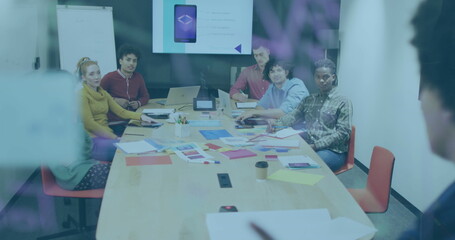 Image of data processing over diverse business people working in office