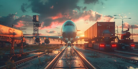 An airplane flies over a logistics container.