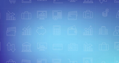 Image of financial data processing and icons over blue background