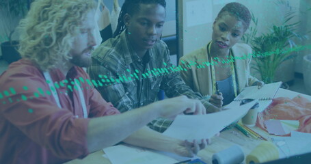 Image of data processing over diverse business people working in office