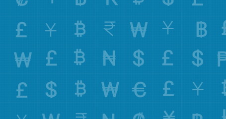 Image of financial data processing and currency symbols over blue background