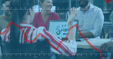 Image of data processing over diverse business people working in office