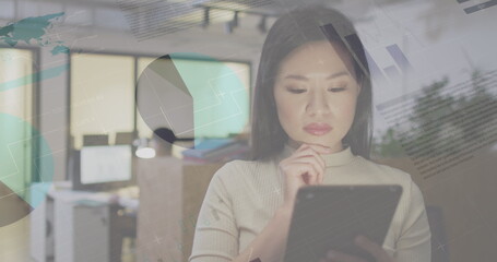 Fototapeta premium Image of data processing over biracial businesswoman working in office