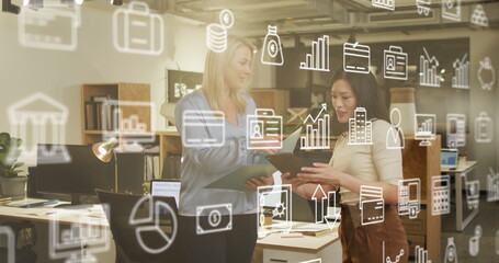 Image of icons and data processing over diverse business people working in office