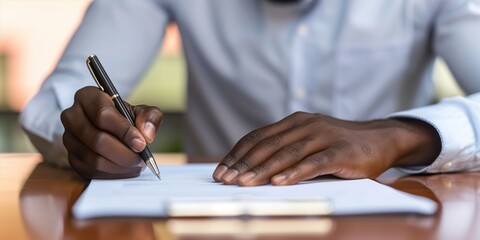 Close up of black hands of businesswoman signing agreement with ballpoint pen