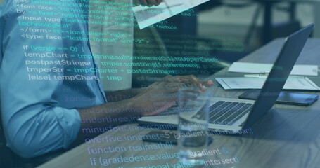 Image of data processing over diverse business people working in office