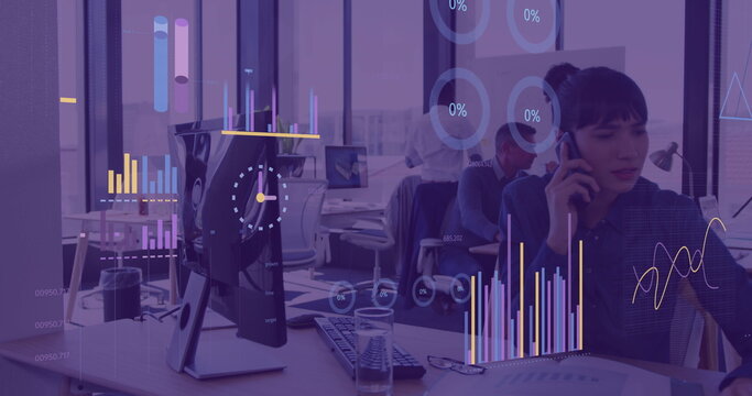 Image of financial data processing over biracial businesswoman in office