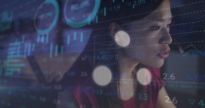 Image of data processing over biracial businesswoman working in office