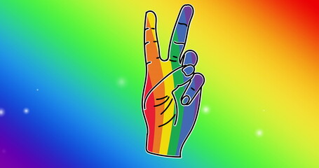 Image of rainbow hand with victory sign over rainbow background