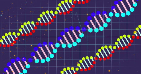 Image of icons, dna strands over data processing