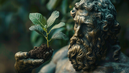 Fototapeta premium bronze sculpture of a male gardener and plant breeder with a green sprout in his hands. Crop control in agriculture.