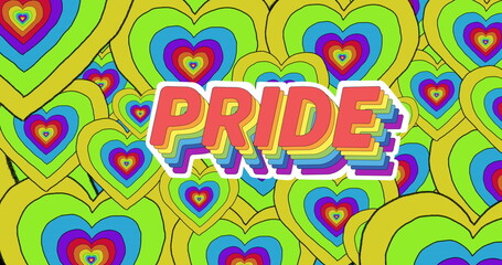 Image of pride text and rainbow hearts