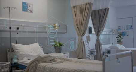 Image of network of medical icons and data processing over hospital bed