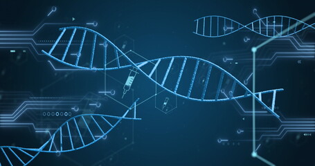 Image of icons, dna strands over data processing