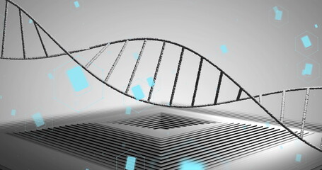 Image of icons, dna strand over data processing