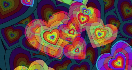 Image of rainbow hearts over rainbow hearts background