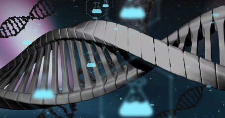 Image of icons, dna strand over data processing