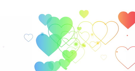 Image of rainbow hearts over rainbow on white background