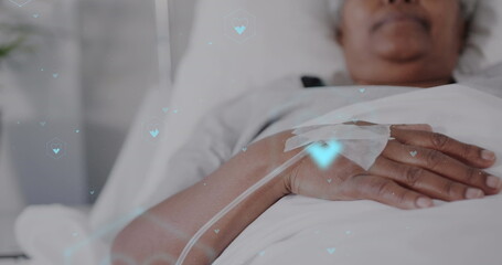 Image of network of medical icons and data processing over african american female patient