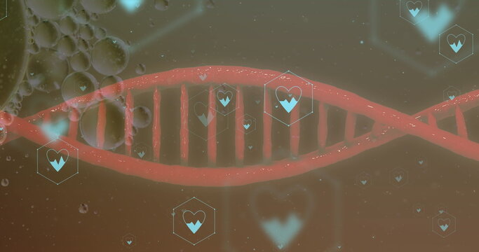 Image of icons, dna strand over data processing