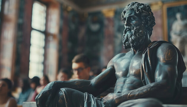 A sculpture of a Greek philosopher at a lecture in a university auditorium reading a book and listening to a lesson.