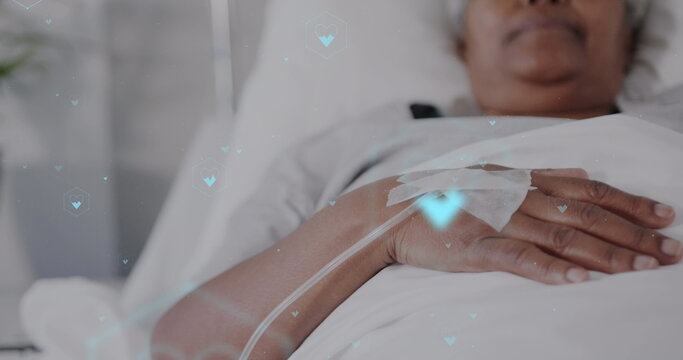 Image of network of medical icons and data processing over african american female patient - Powered by Adobe