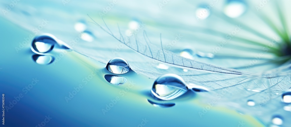 Poster a macro shot of a dandelion with liquid droplets on its petals, creating an electric blue shimmer. t