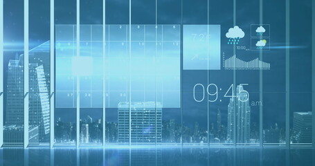 Image of numbers floating with weather icons over 3d model of a city