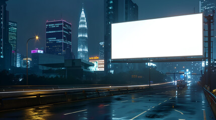 Fototapeta na wymiar Blank White Road Billboard with KL Cityscape Background - Urban Advertising Mockup in Kuala Lumpur, Malaysia, Generative AI