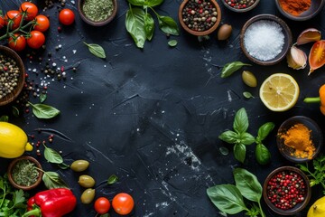 top view of food ingredients on black background with copy space, kitchen table and spices in small bowls on the side