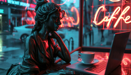 Bronze sculpture, Business woman working in a night cafe on a laptop.