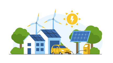 Renewable energy concept. Vector illustration of clean electric energy from renewable sources, sun, and wind. Sustainable green energy, renewable energy sources, and green electricity