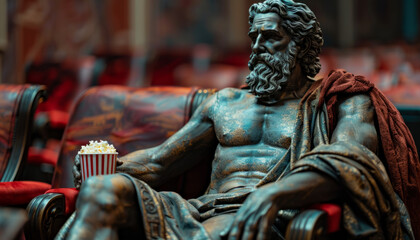 A sculpture of a Greek sits in a cinema hall with popcorn and watches a film show.