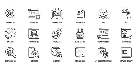 SEO_Search Engine Optimization Line Icon Set: Organic, SEO, Appstore Optimization, Keyword Density. Strategy, Editable Stroke.