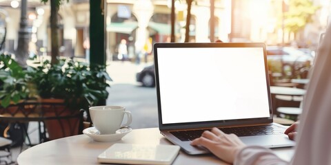 Business person worker using laptop computer with white mock up blank screen